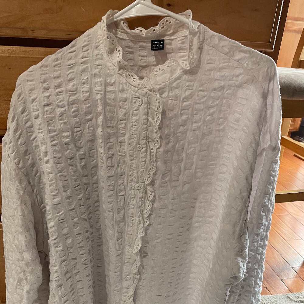 Shein White Long Sleeve Blouse with ruffled edges
